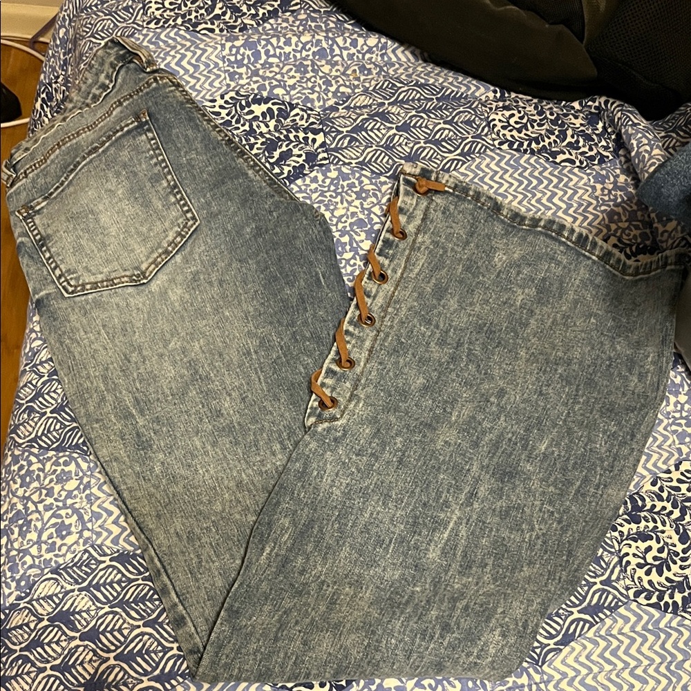 Almost Famous Blue Boot Cut Jeans with Brown Lace Detail